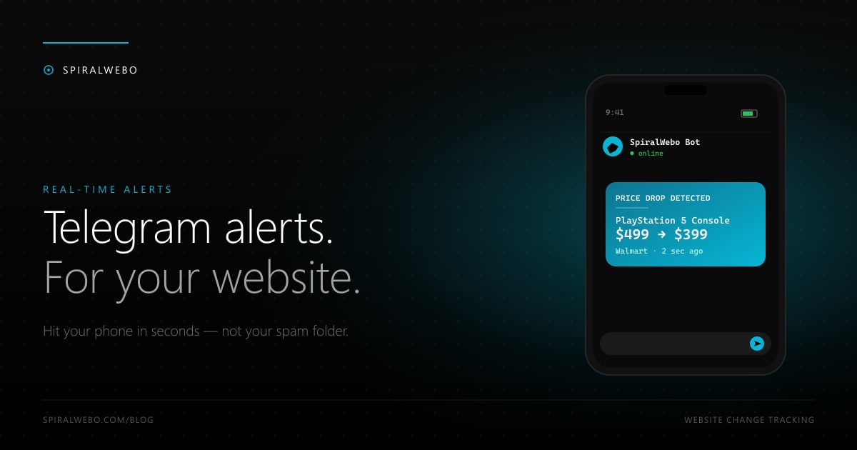Smartphone displaying a Telegram chat with a website change alert from a monitoring bot